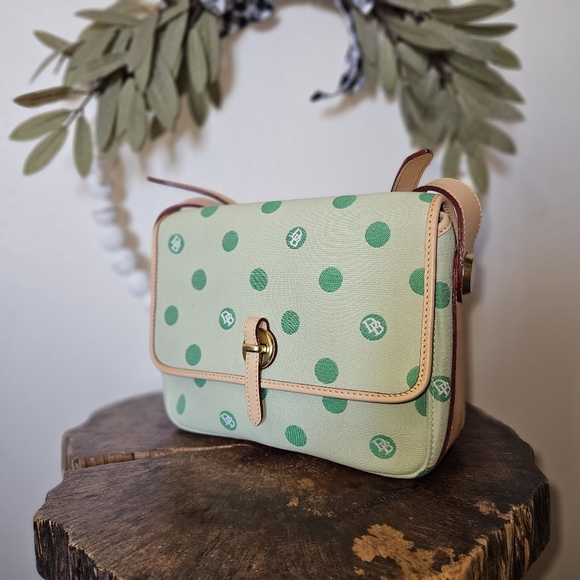 NWT Dooney & Bourke Green Polka Dot Flap Crossbody Canvas Leather Purse - Picture 3 of 14